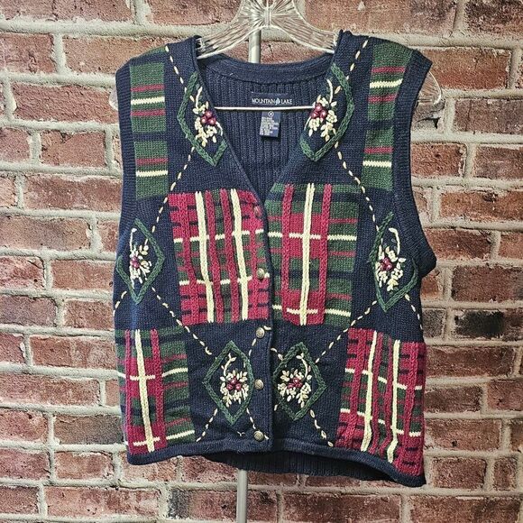 Women's MOUNTAIN LAKE Embroidered Holiday Sweater Vest Medium Vintage - Picture 1 of 6